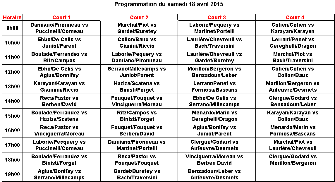 Progammation samedi Real Padel