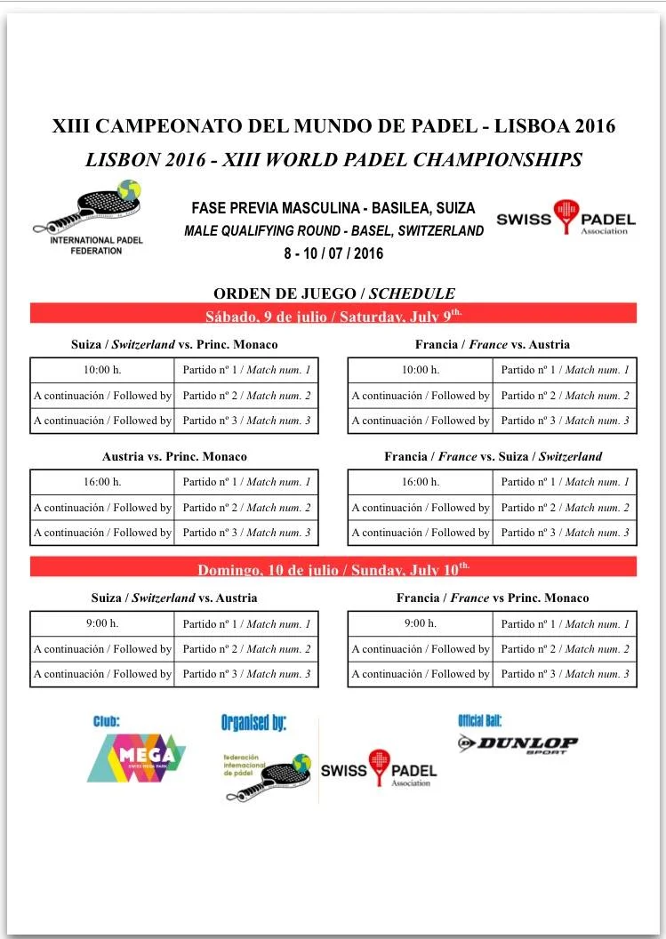 calendrier qualifications championnats du monde de padel 2016 bale