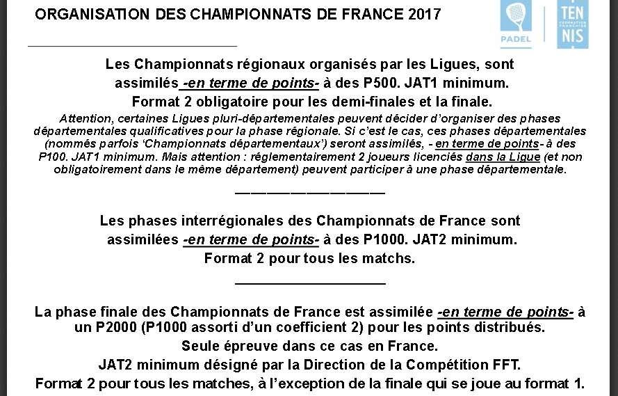 ORGANISATION DES CHAMPIONNATS DE FRANCE 2017