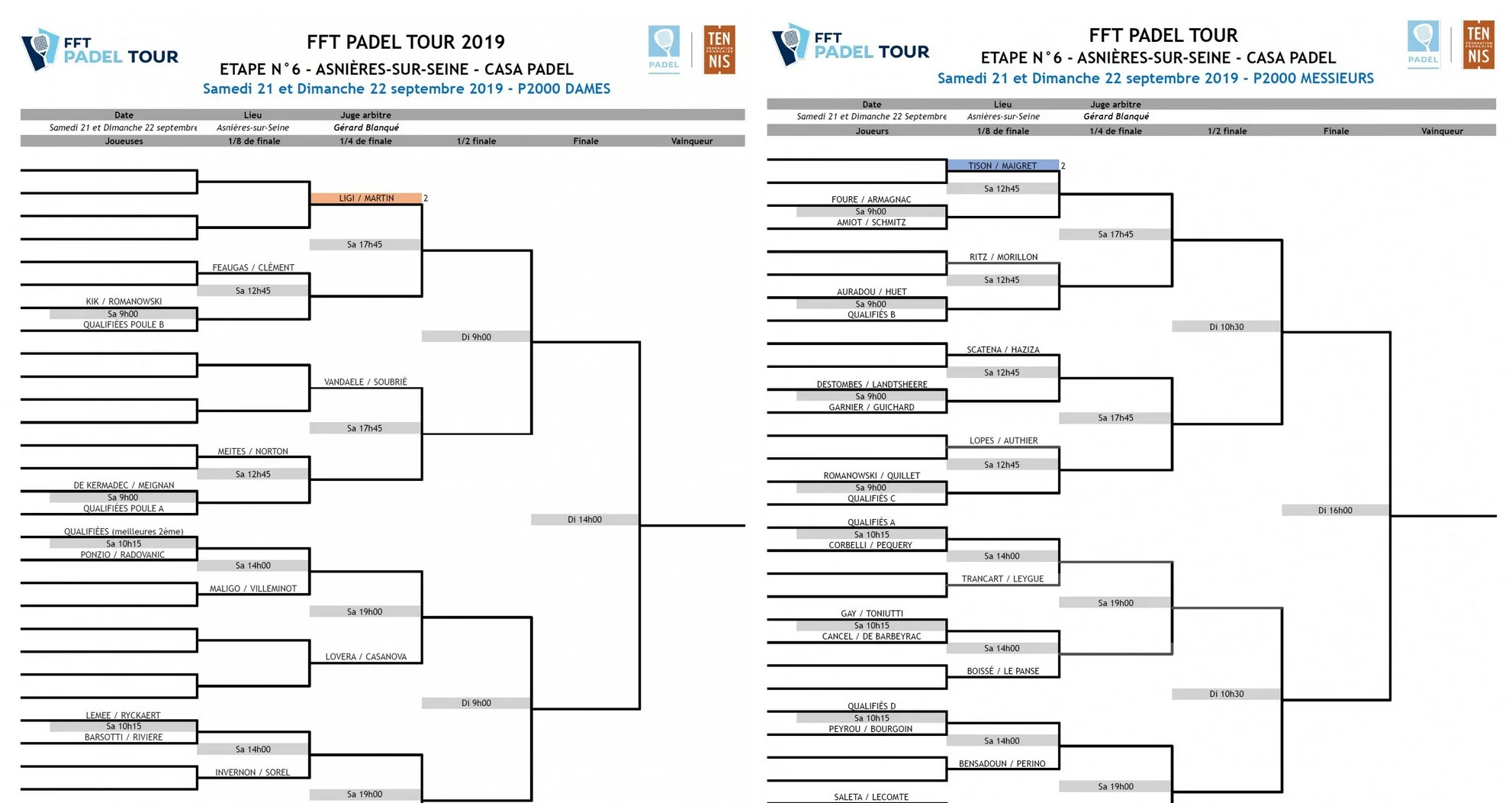 Cuadros principales del FFT PADEL TOUR de Asnières