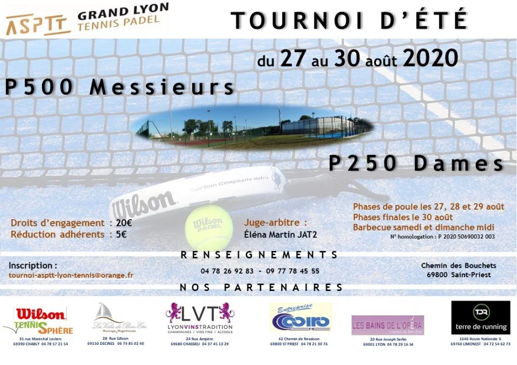 Affiche tournoi d'été 2020 asptt lyon | Padel Magazine