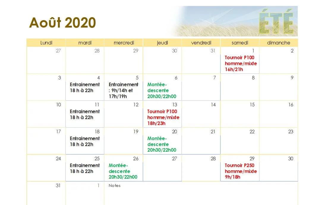 calendrier padel area padel club été 2020 | Padel Magazine