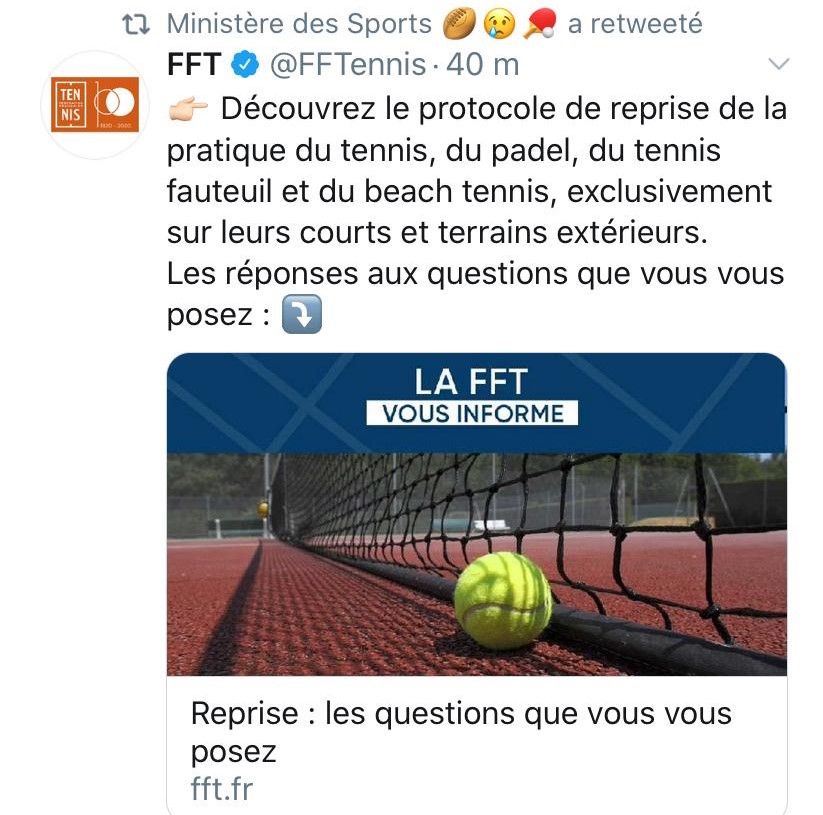 Tweet ministère des sports FFT