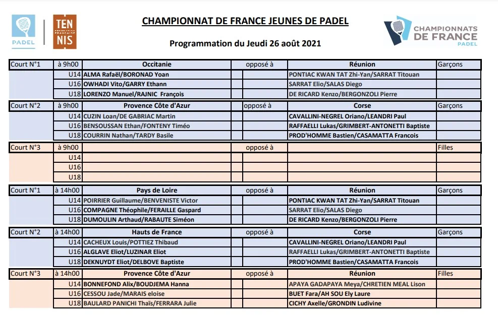Championnats de France jeune de padel 2021 Toulouse programmation