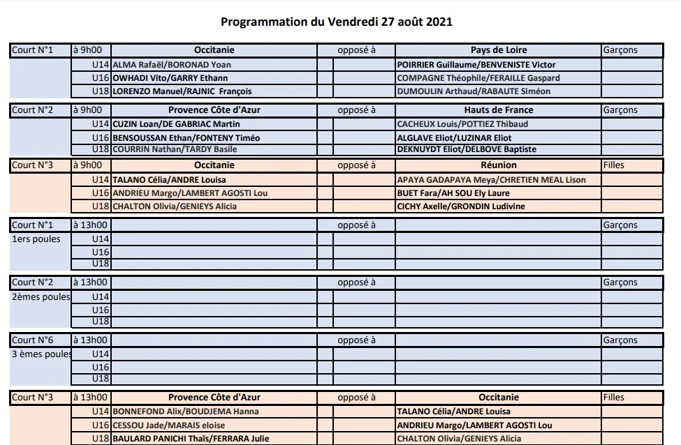 Programmation vendredi 27 championnats padel jeune 