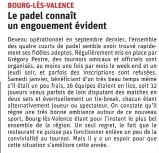 Article journal bourg lès valence | Padel Magazine