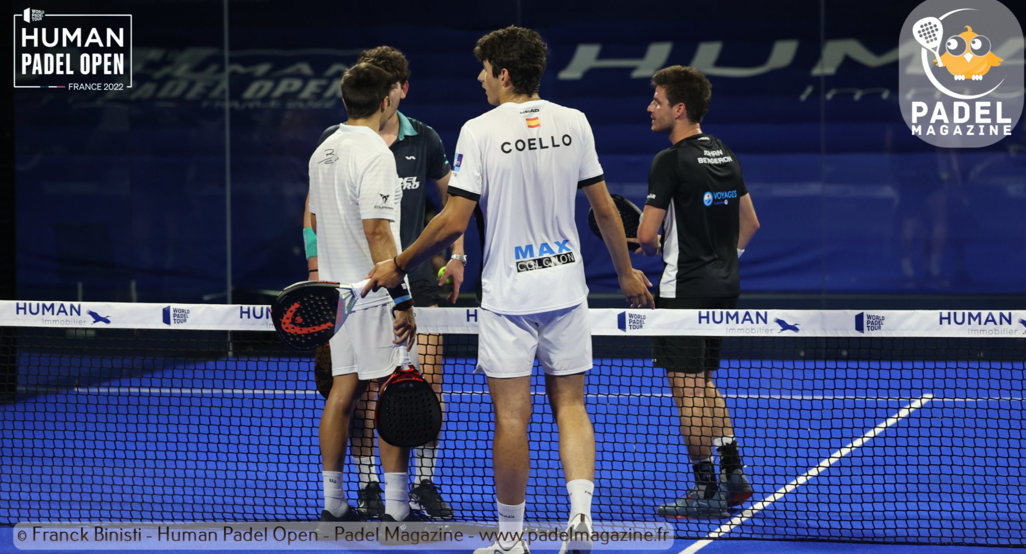 discussion between belasteguin and coello on one side of the net, leygue and bergeron on the other