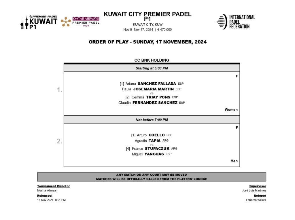 Kuwait Premier Padel P1 programme