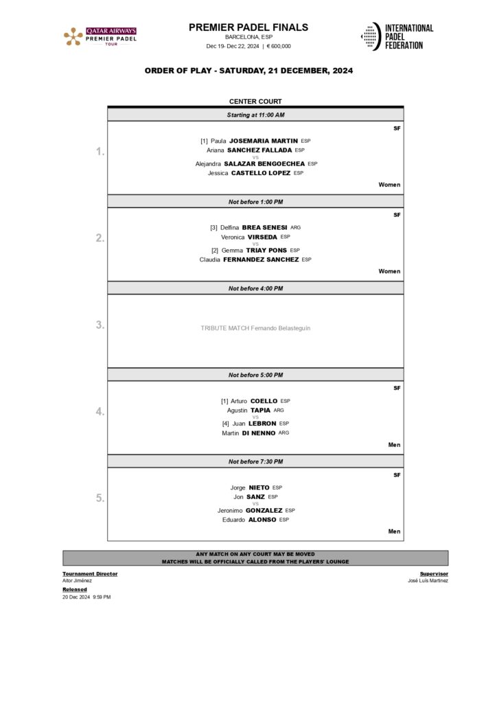 programme demi finales premier padel finals