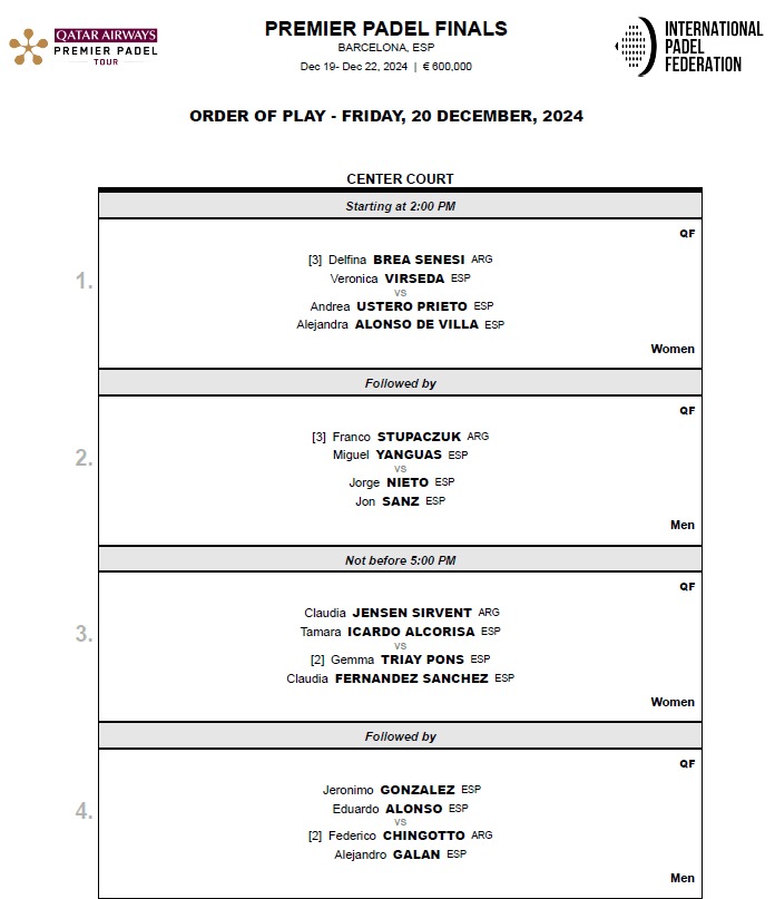 Premier Padel Finals - Programme de la 2e journée