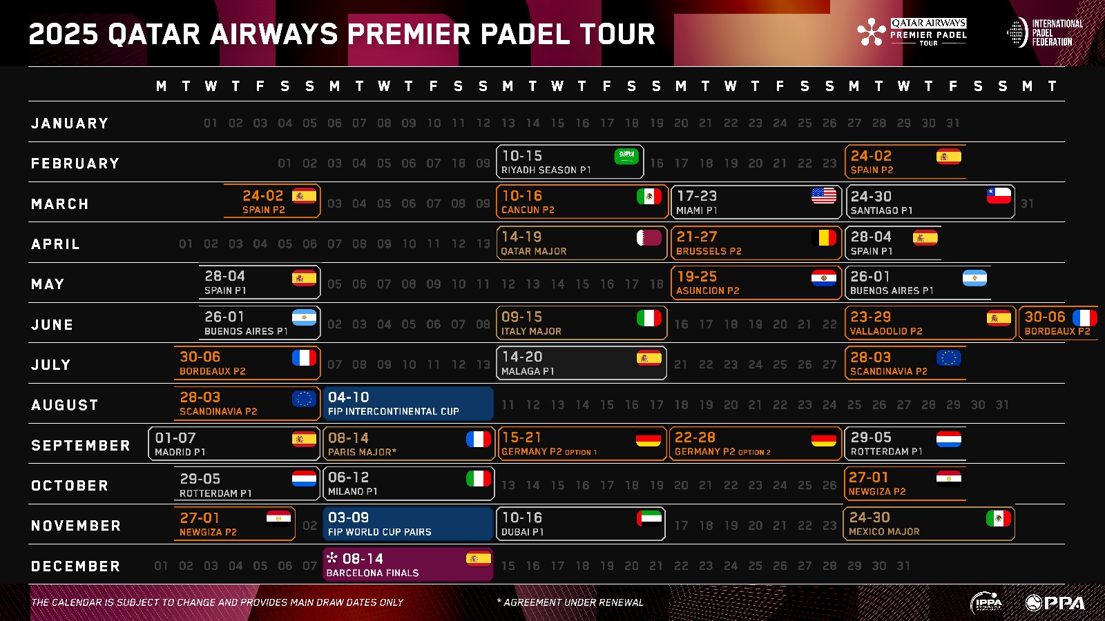 Calendrier 2025 du Premier Padel Tour : 24 tournois dans 16 pays