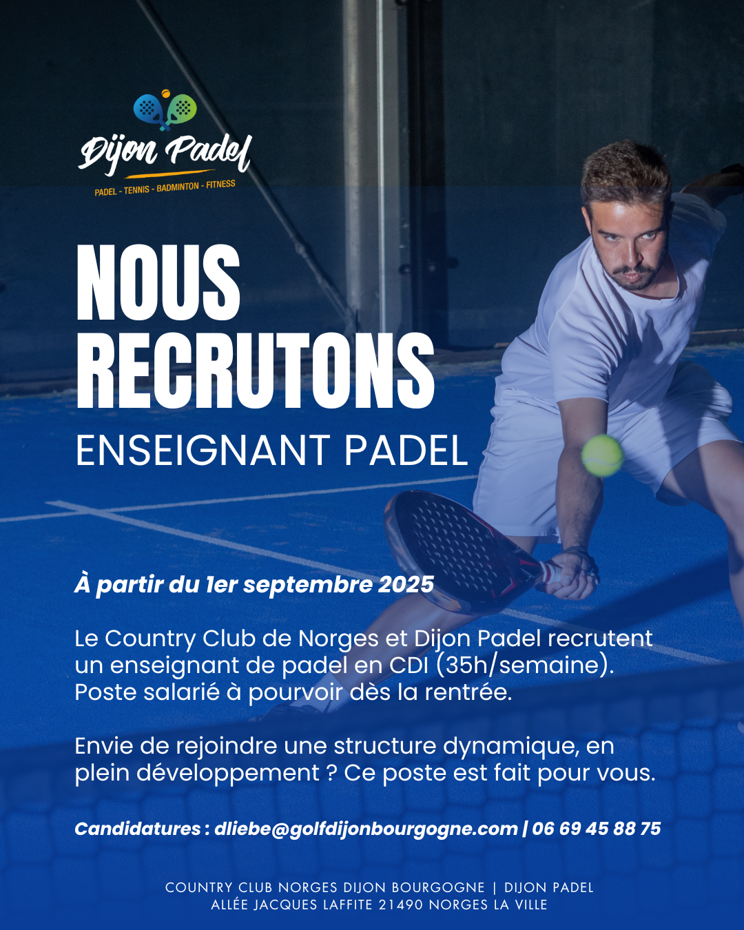 Dijon Padel recrute un enseignant à temps plein dès la rentrée 2025