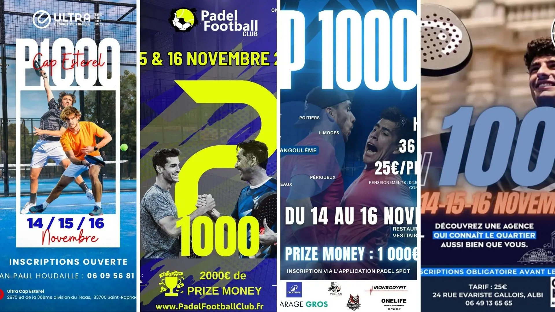 Où suivre les finales des P1000 d’Ultra Cap Esterel, Padel Spot Angoulême, Padel Football Noyelles-sur-Selle et Padel Tolosa Albi
