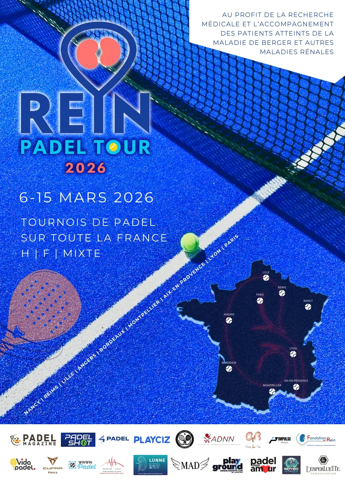 Rein Padel Tour 2026 : quand le padel dessine un rein sur la carte de France pour rendre visible une maladie invisible