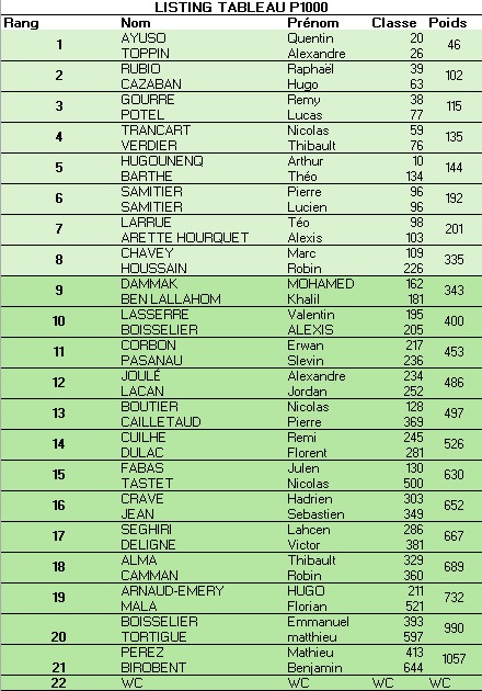 Listes des joueurs P100 Cèdres Castres 