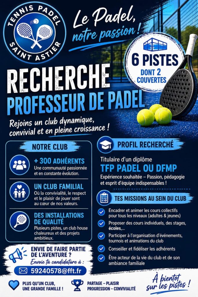 Tennis Padel Saint-Astier recrute un professeur de padel pour accompagner son développement en Dordogne