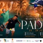 Event poster for Championnat de Martinique Padel, June 23–28, with players in action and a QR code for inscription on the upper right.