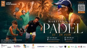 Event poster for Championnat de Martinique Padel, June 23–28, with players in action and a QR code for inscription on the upper right.