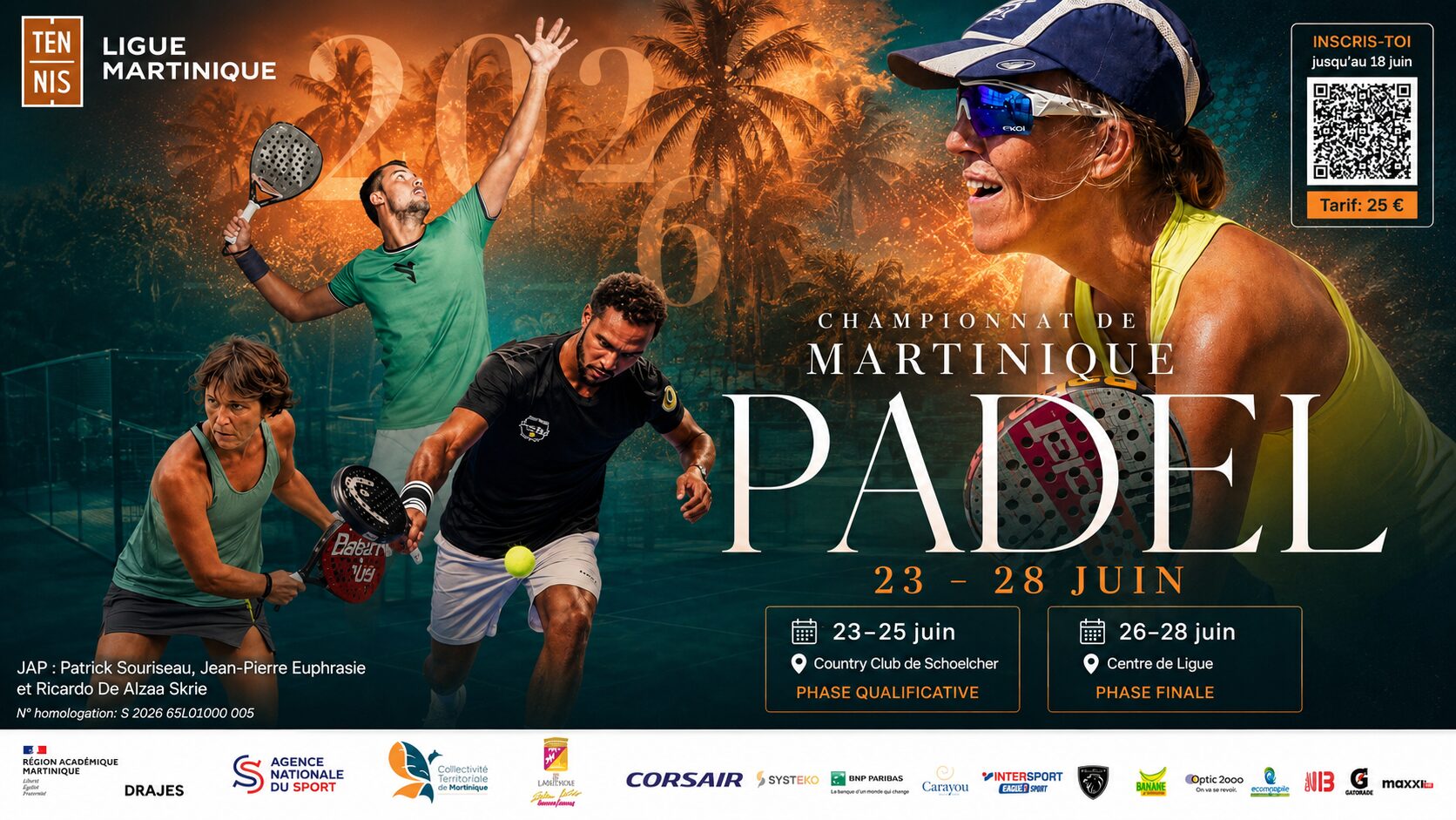 Event poster for Championnat de Martinique Padel, June 23–28, with players in action and a QR code for inscription on the upper right.