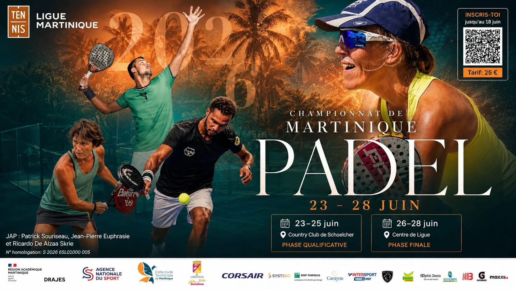 Event poster for Championnat de Martinique Padel, June 23–28, with players in action and a QR code for inscription on the upper right.
