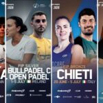Collage of four Padel posters showing athletes posing, with event logos and flags (Spain, Ireland, Italy, Azerbaijan).