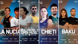 Collage of four Padel posters showing athletes posing, with event logos and flags (Spain, Ireland, Italy, Azerbaijan).