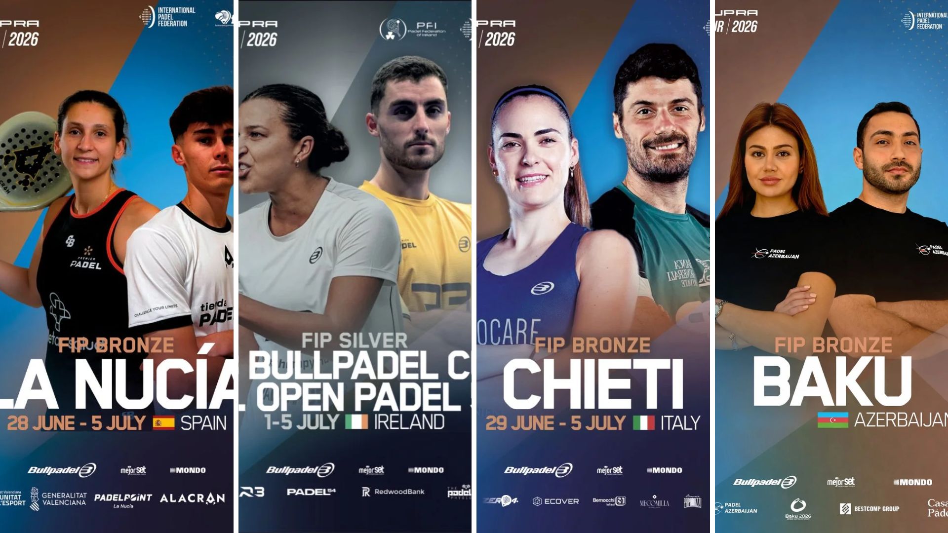 Collage of four Padel posters showing athletes posing, with event logos and flags (Spain, Ireland, Italy, Azerbaijan).