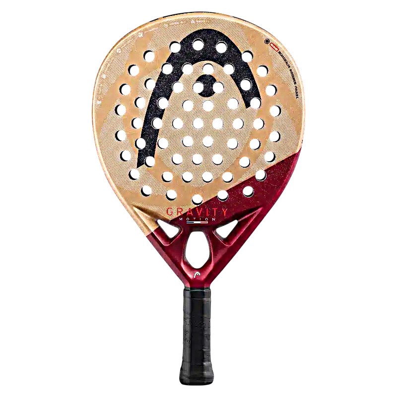 Front view of a Gravity Motion padel paddle with a perforated hitting surface, featuring a gold and red body and a black grip.