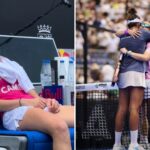 Split image: left shows a female athlete resting on a blue bench with a towel around her shoulders; right shows two players embracing at the net amid a cheering crowd at a paddle tennis match.