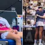 Split image: left shows a female athlete resting on a blue bench with a towel around her shoulders; right shows two players embracing at the net amid a cheering crowd at a paddle tennis match.