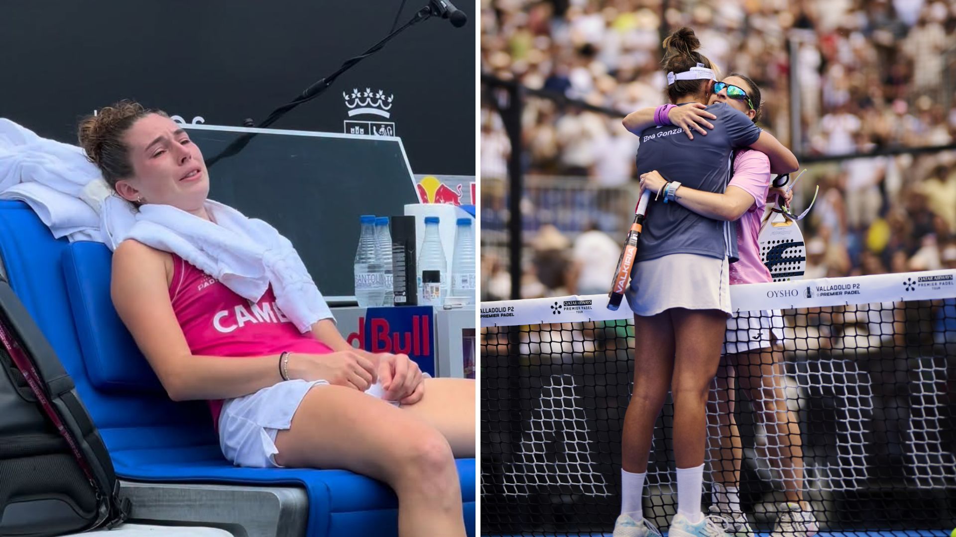 Split image: left shows a female athlete resting on a blue bench with a towel around her shoulders; right shows two players embracing at the net amid a cheering crowd at a paddle tennis match.