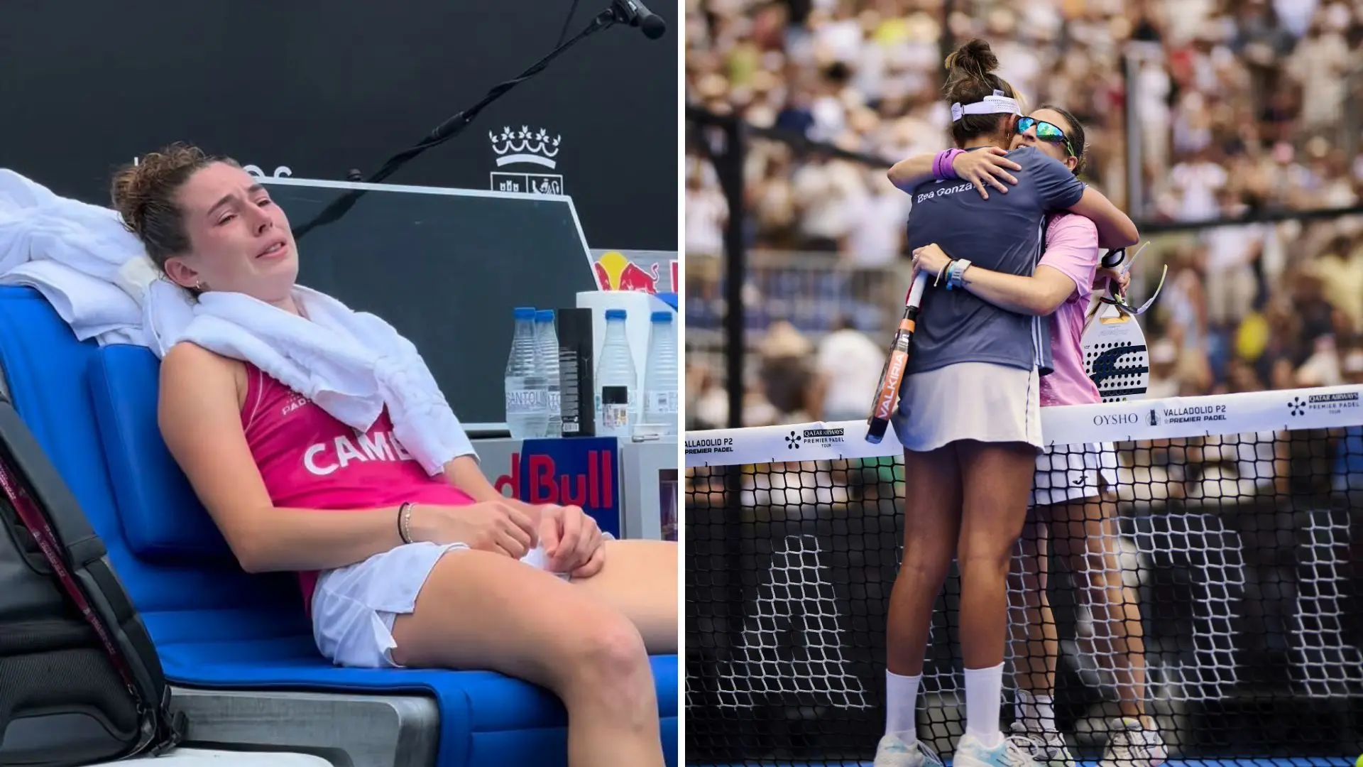 Split image: left shows a female athlete resting on a blue bench with a towel around her shoulders; right shows two players embracing at the net amid a cheering crowd at a paddle tennis match.
