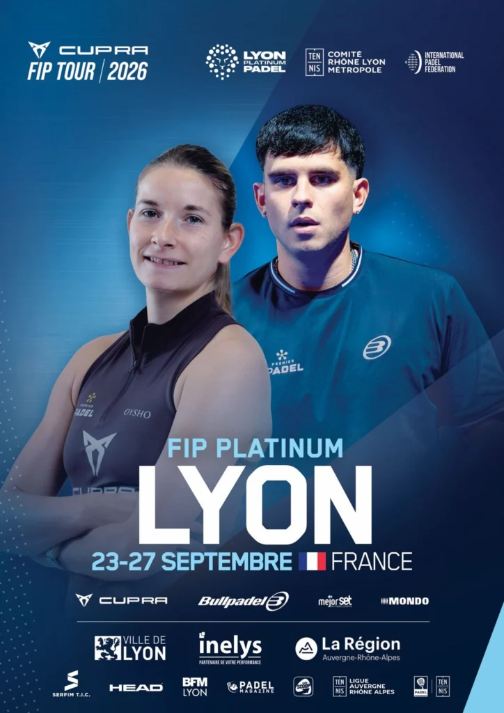 Poster for FIP Tour Lyon 2026 featuring a male and female padel player with event logos and France flag graphic, blue-toned background.