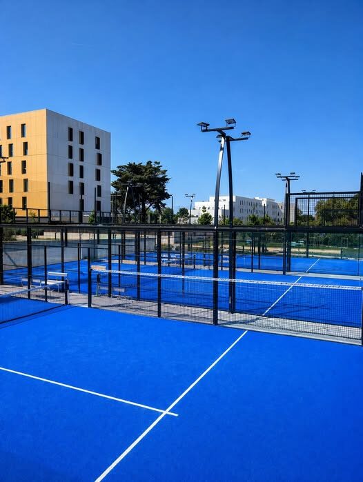 Outdoor blue padel/tennis courts with nets and black fencing, floodlights, and campus buildings in the distance under a clear sky.
