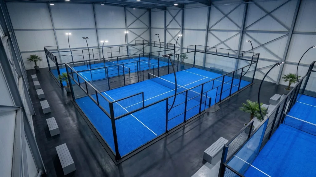 3IN-2 | Padel Magazine Indoor sports facility with multiple blue fenced courts, spectator benches along the walls, and potted plants under industrial lighting.