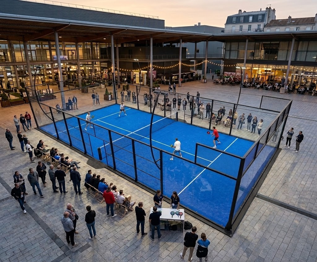 3IN-3 | Padel Magazine Four players compete on a blue padel court surrounded by glass walls; spectators line the courtyard perimeter.