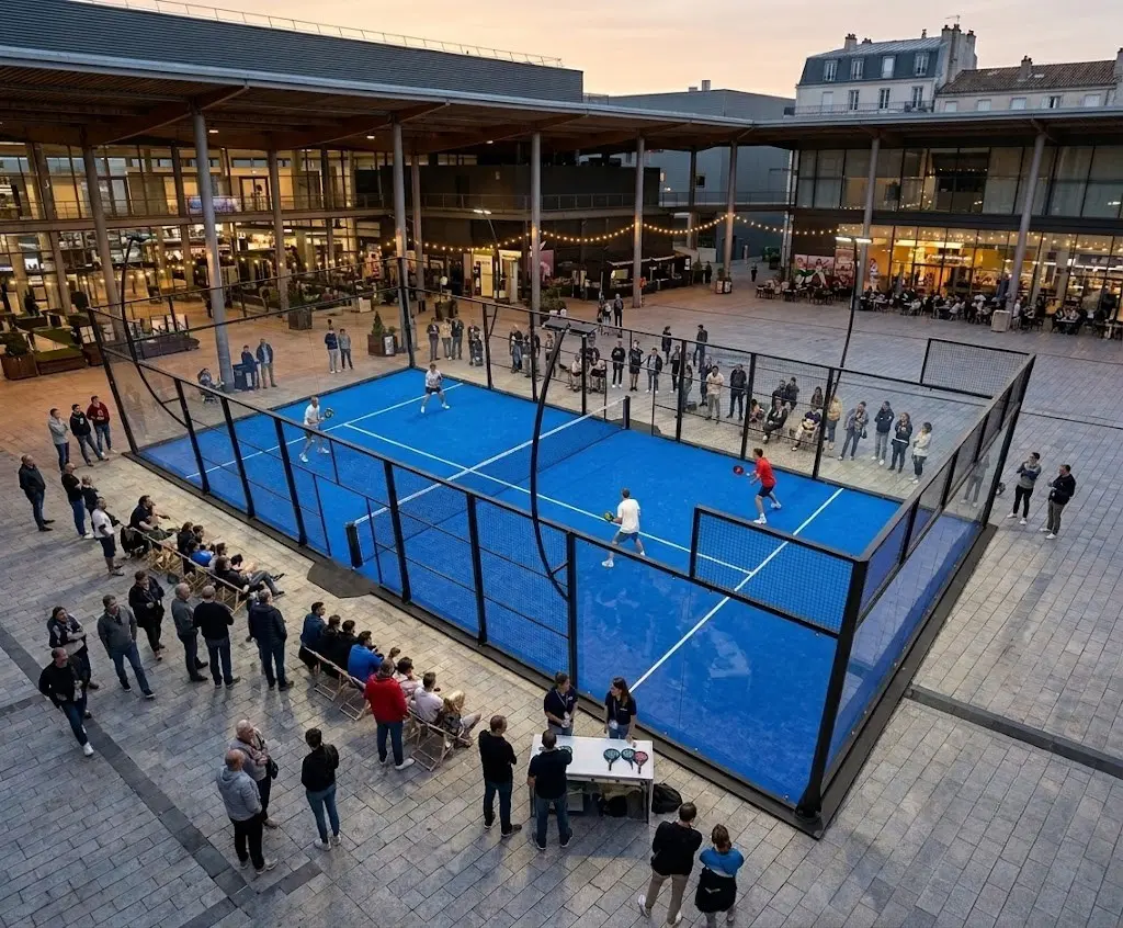 3IN-3 | Padel Magazine Four players compete on a blue padel court surrounded by glass walls; spectators line the courtyard perimeter.