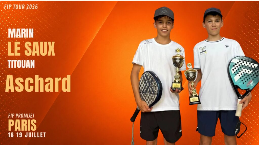 Poster for FIP Tour 2026 with Marin Le Saux and Titouan Aschard holding trophies against an orange gradient background.