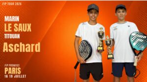 Poster for FIP Tour 2026 with Marin Le Saux and Titouan Aschard holding trophies against an orange gradient background.