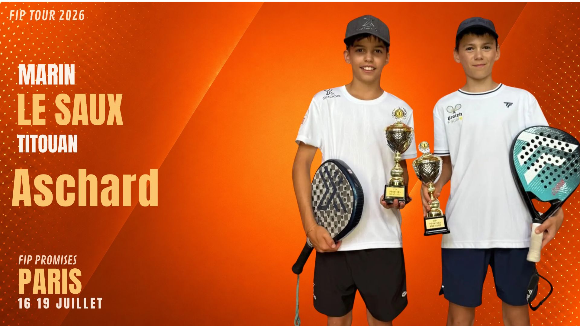 Poster for FIP Tour 2026 with Marin Le Saux and Titouan Aschard holding trophies against an orange gradient background.