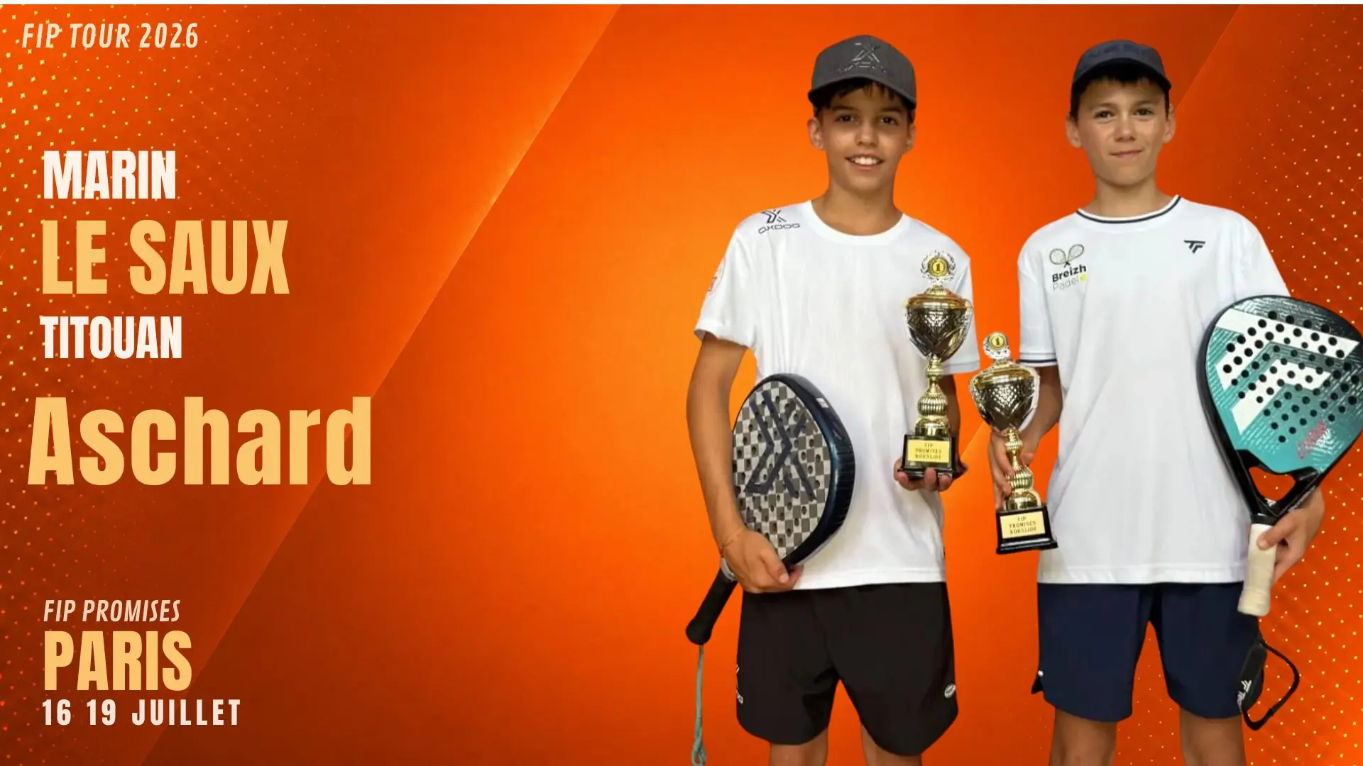 Poster for FIP Tour 2026 with Marin Le Saux and Titouan Aschard holding trophies against an orange gradient background.