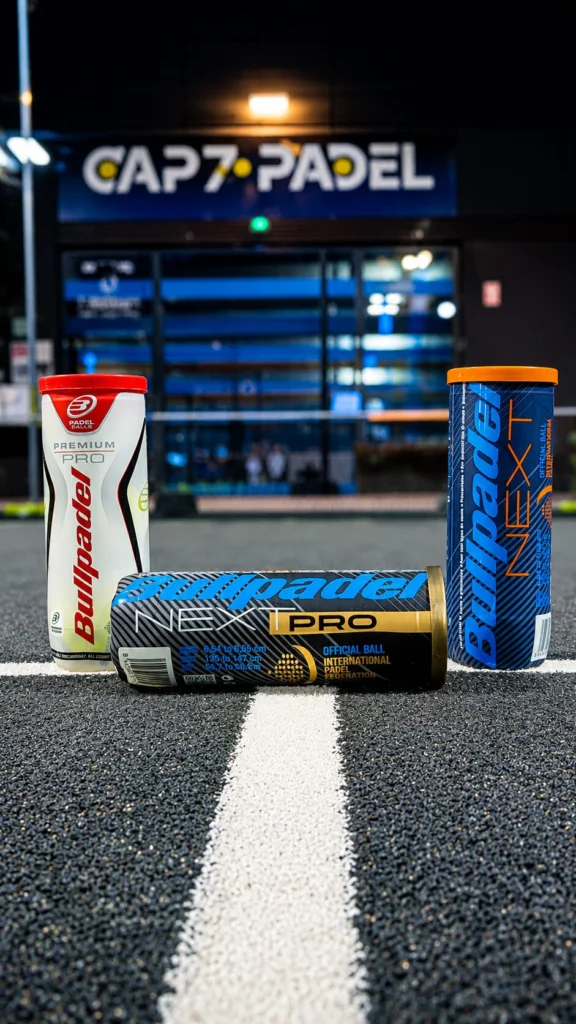 Bullpadel Bis | Padel Magazine Three padel ball cans stand on a textured court foreground with a bright Cap7 Padel sign in a dark club facade behind them at night.