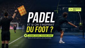 Banner publicitaire montrant deux joueurs de padel et de football avec le slogan: 'PADEL ET SI ON S’INSPIRAIT DU FOOT ?', et le bouton 'Laisser jouer, vérifier après' (français).