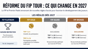 Infographic montrant les règles du FIP Tour 2027 avec quatre niveaux: Platinum, Gold, Silver et Bronze à suivre pour les joueurs et leurs exclusions.