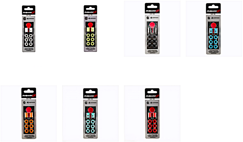Eight packaging images showing 4-damper anti-vibration kits in assorted neon colors (red, yellow, blue, orange, teal) across a grid, indicating product variants.