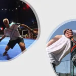Composite image showing two racket sports players: left in an indoor padel court, right in an outdoor tennis court.