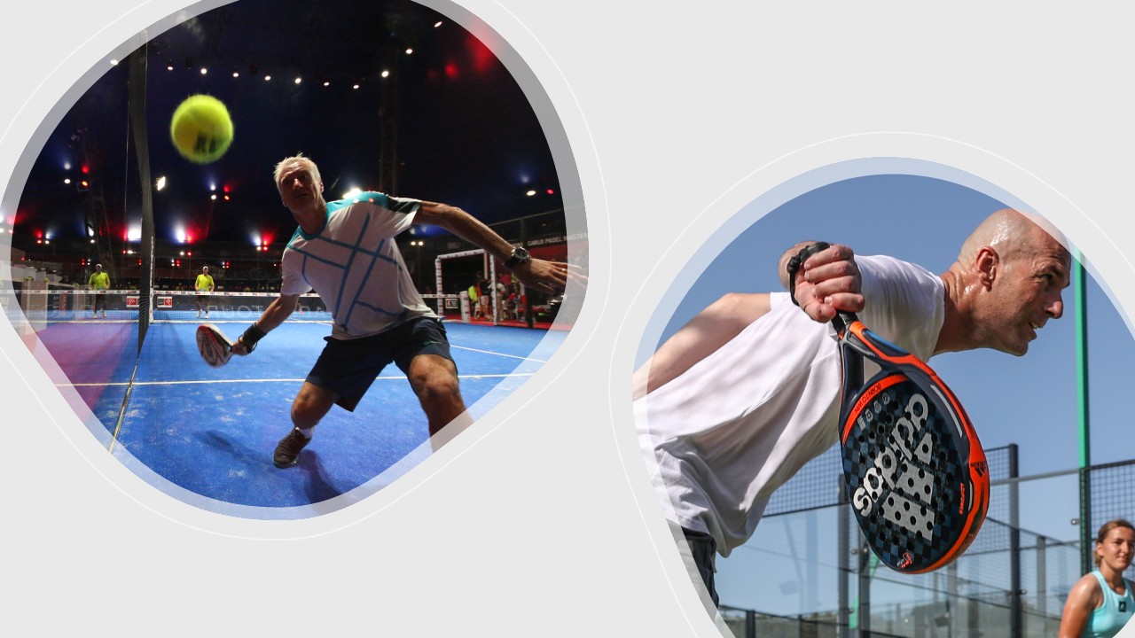 Composite image showing two racket sports players: left in an indoor padel court, right in an outdoor tennis court.