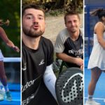 Left: woman in red padel kit on a blue court, mid-action with paddle; middle: two men posing with paddles outdoors; right: two women in white uniforms shake hands on a blue padel court