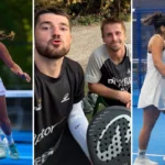 Left: woman in red padel kit on a blue court, mid-action with paddle; middle: two men posing with paddles outdoors; right: two women in white uniforms shake hands on a blue padel court