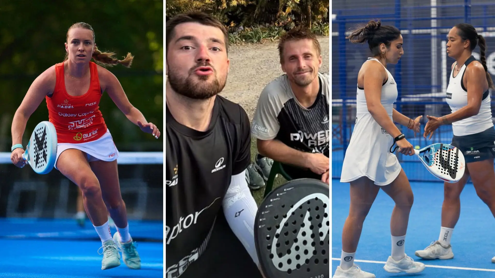 Left: woman in red padel kit on a blue court, mid-action with paddle; middle: two men posing with paddles outdoors; right: two women in white uniforms shake hands on a blue padel court